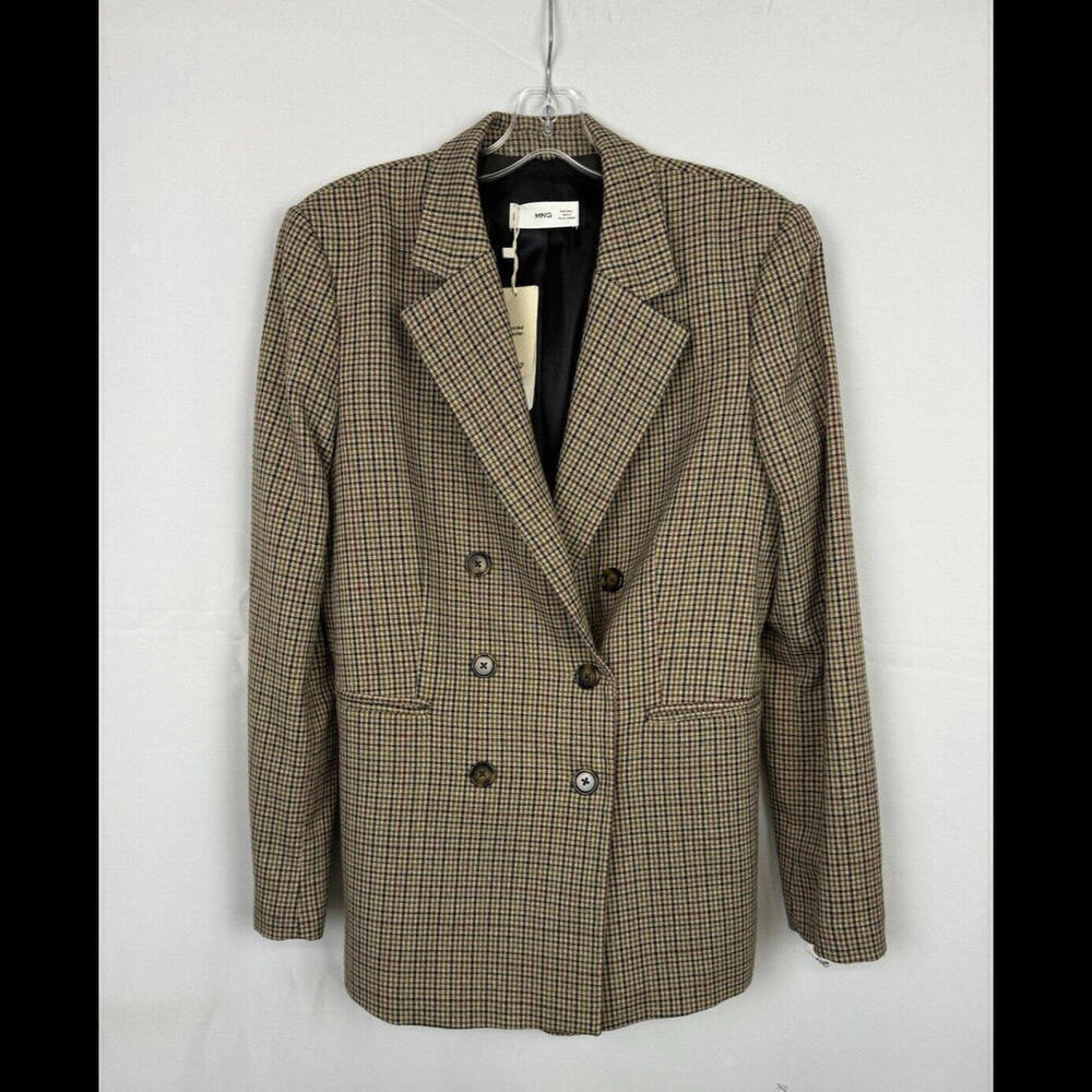 MNG By Mango Double Breasted Blazer Jacket Houndsthooth Plaid Brown Size L